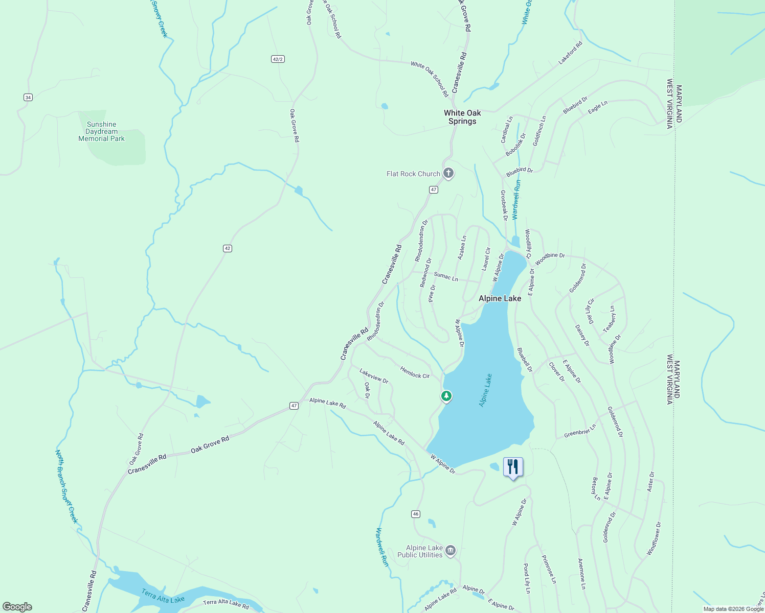 map of restaurants, bars, coffee shops, grocery stores, and more near Cranesville in Terra Alta