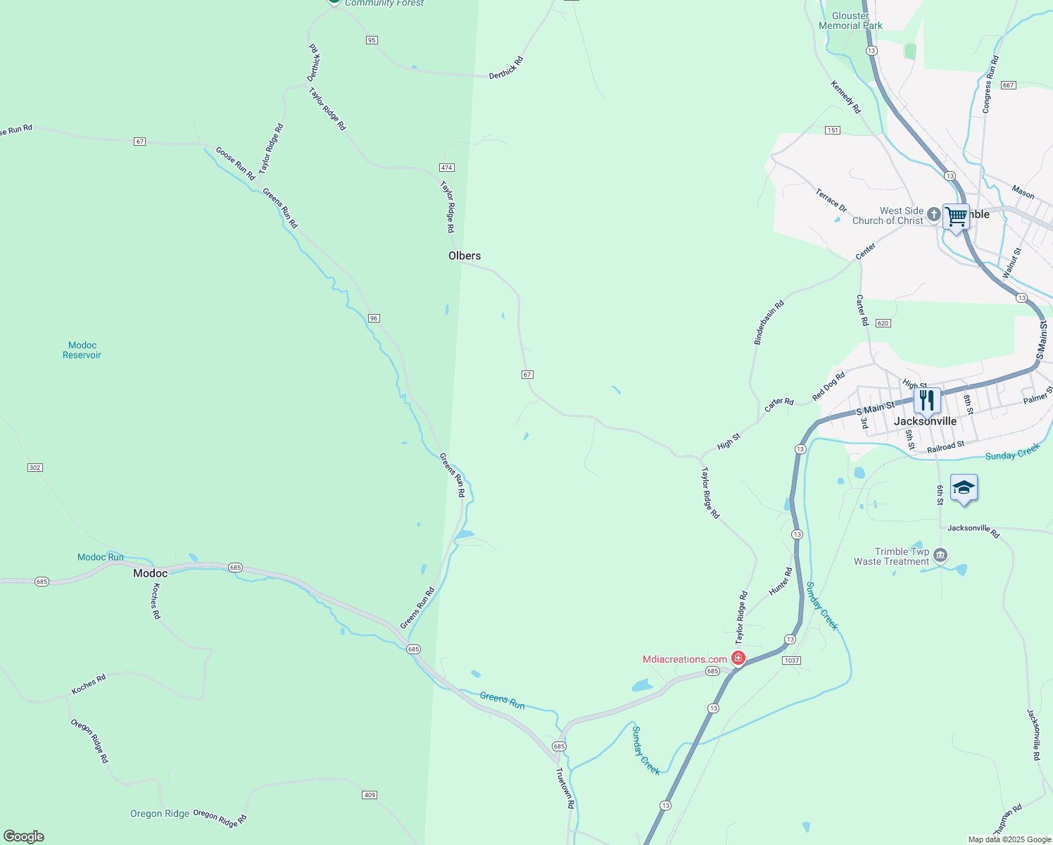 map of restaurants, bars, coffee shops, grocery stores, and more near 18845 Taylor Ridge Road in Glouster
