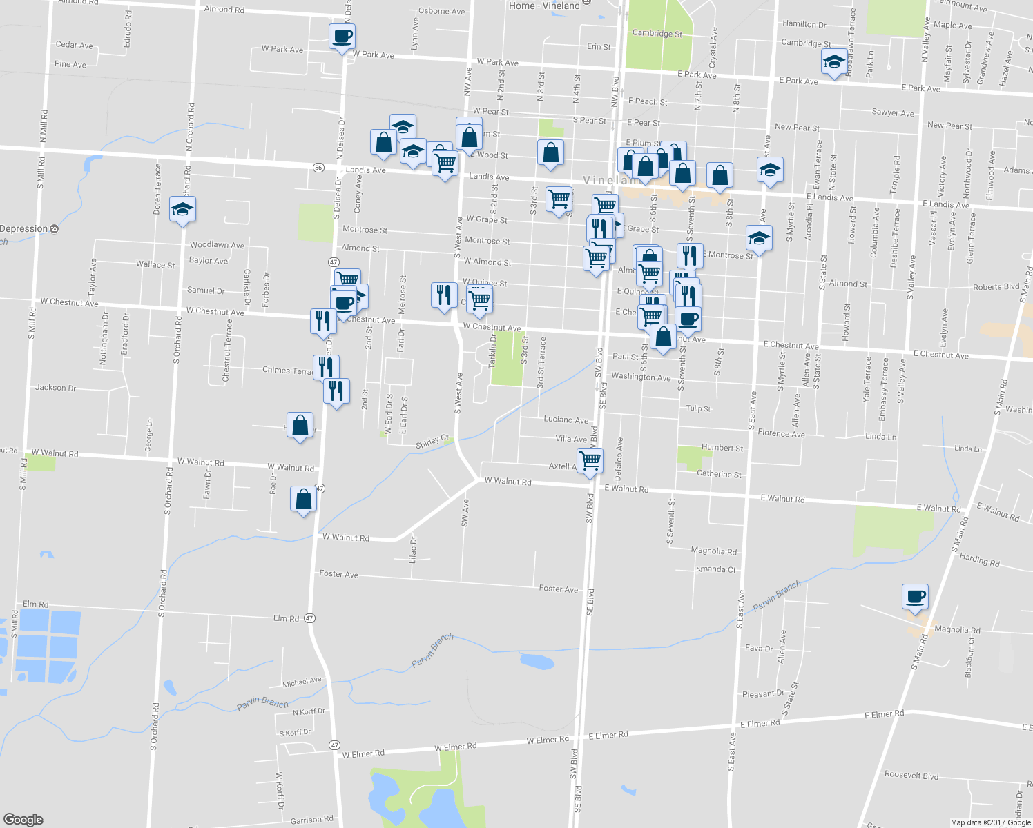map of restaurants, bars, coffee shops, grocery stores, and more near 754 South 3rd Street in Vineland
