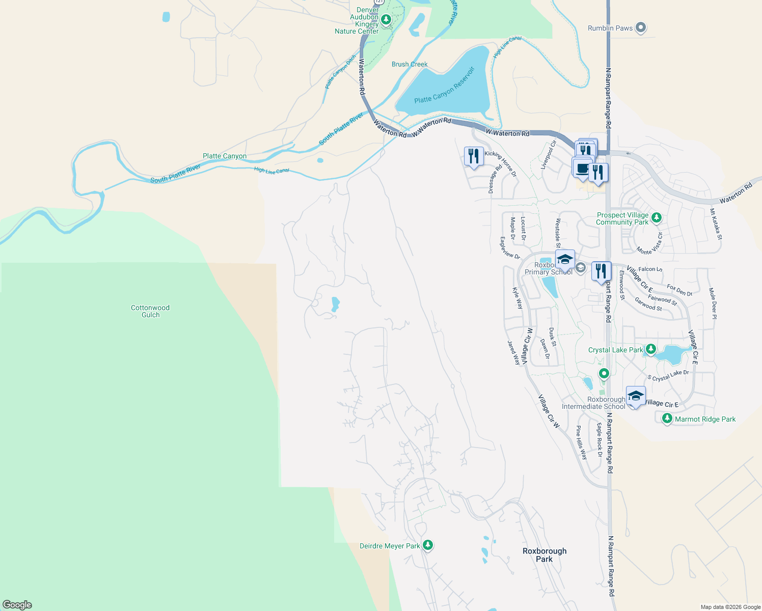 map of restaurants, bars, coffee shops, grocery stores, and more near 7788 Cicero Court in Littleton