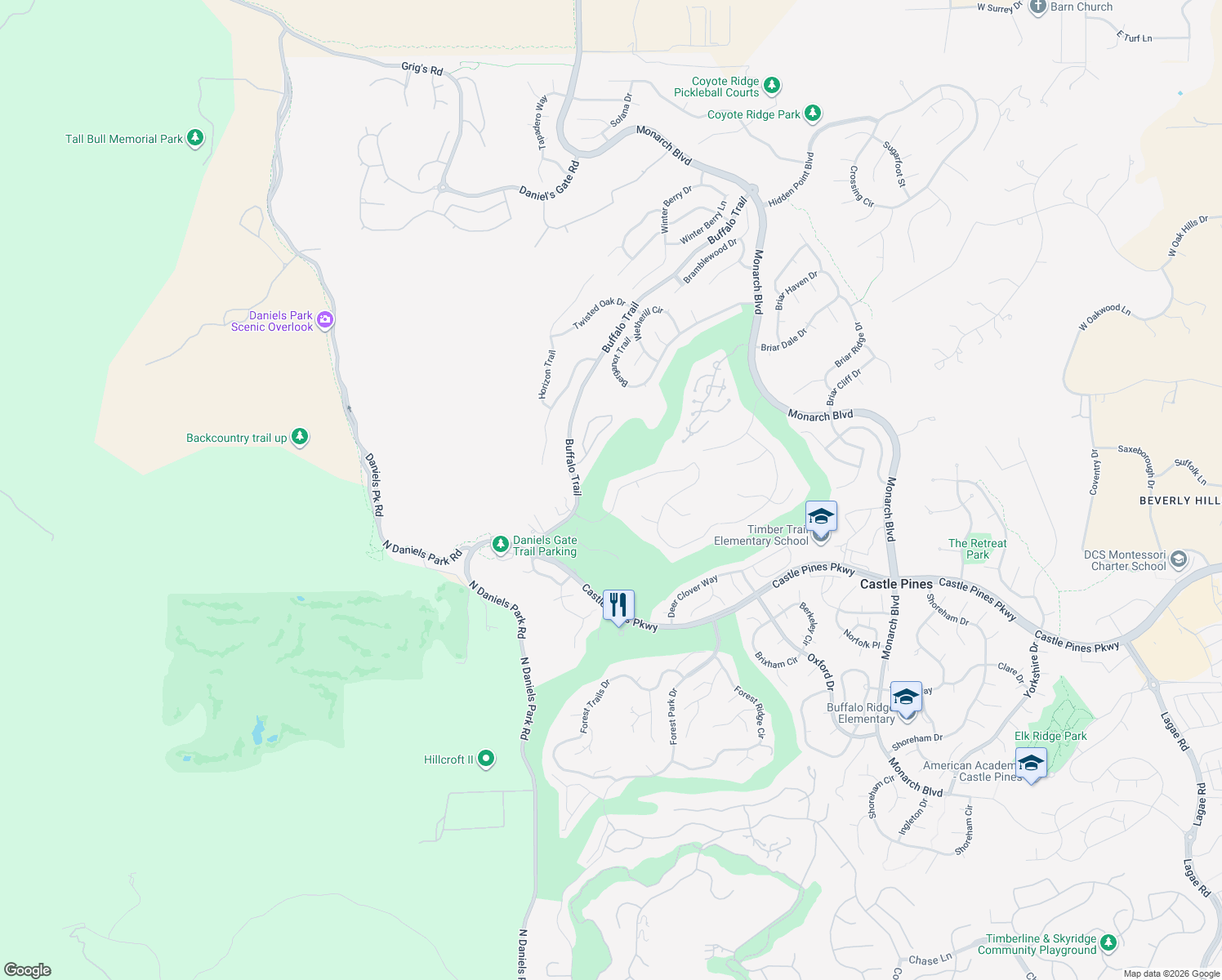 map of restaurants, bars, coffee shops, grocery stores, and more near 1291 Buffalo Ridge Rd in Castle Rock