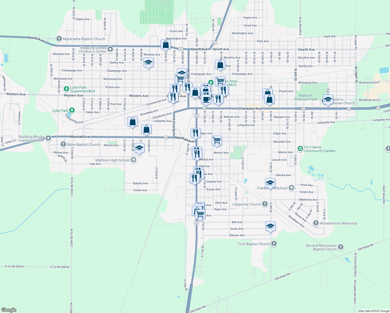 map of restaurants, bars, coffee shops, grocery stores, and more near 719 Lakeland Boulevard in Mattoon