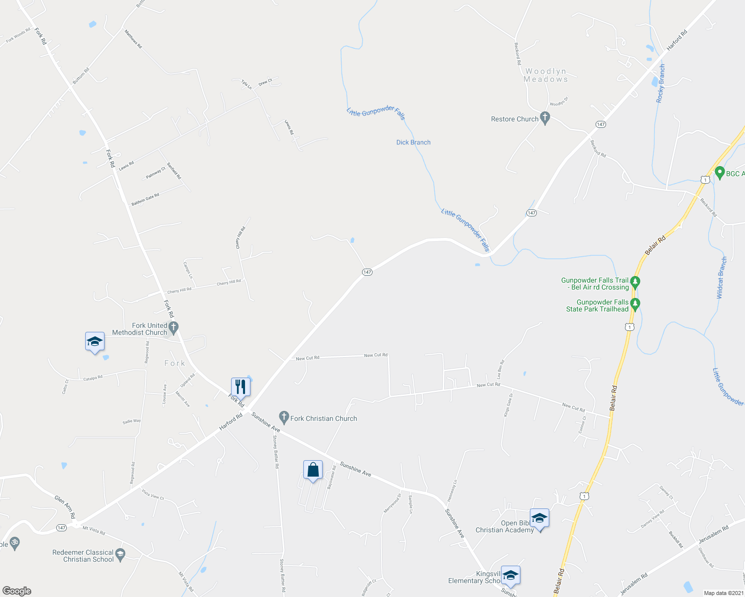 map of restaurants, bars, coffee shops, grocery stores, and more near 12917 Harford Rd in Kingsville