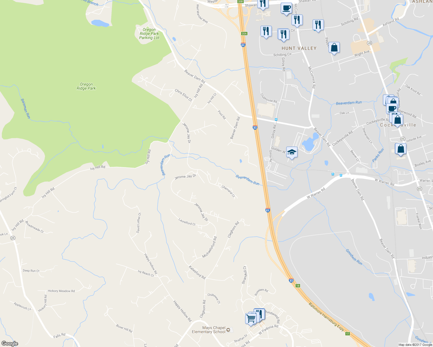 map of restaurants, bars, coffee shops, grocery stores, and more near 4 Chamaral Court in Cockeysville