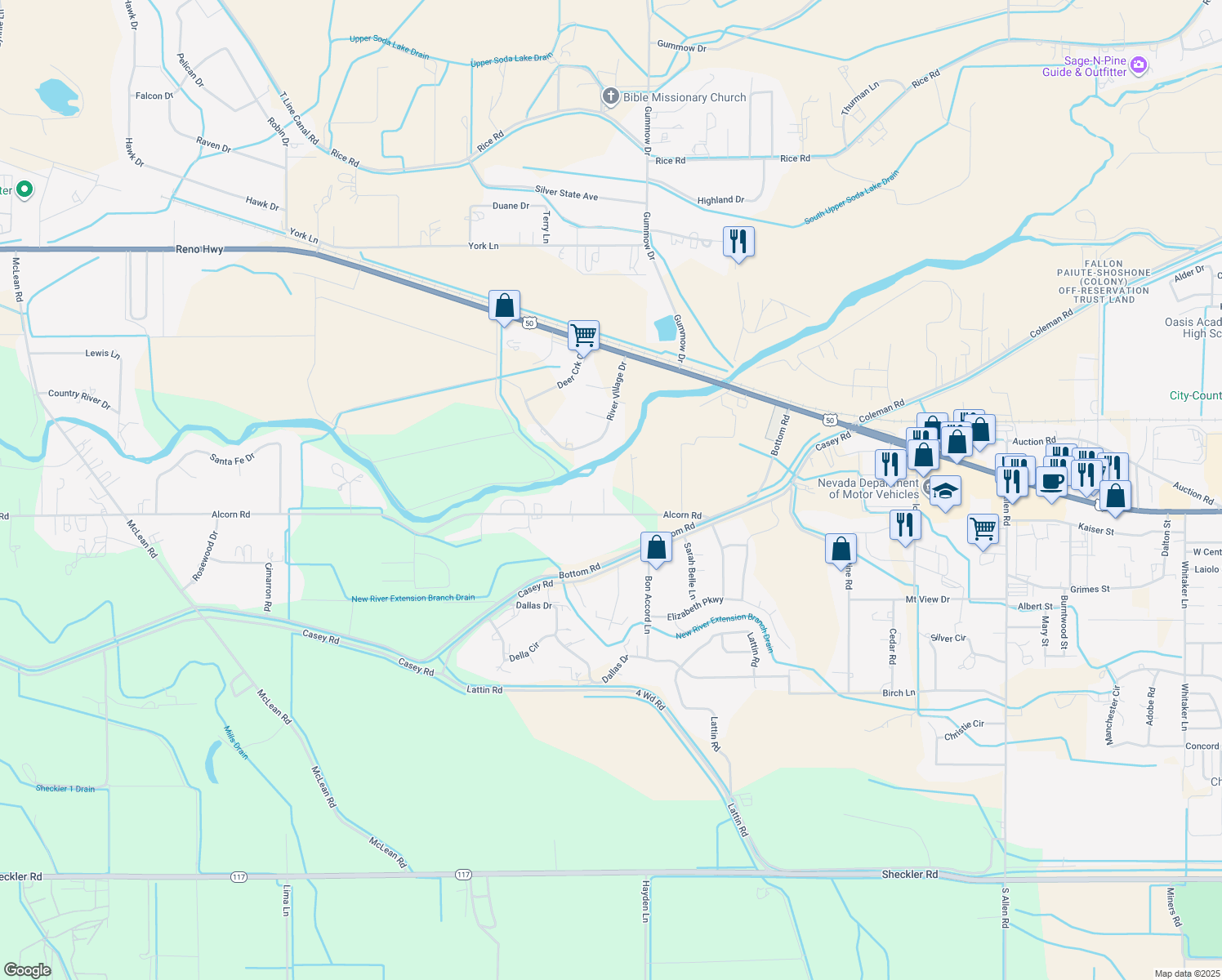 map of restaurants, bars, coffee shops, grocery stores, and more near 930 Edgewater Lane in Fallon