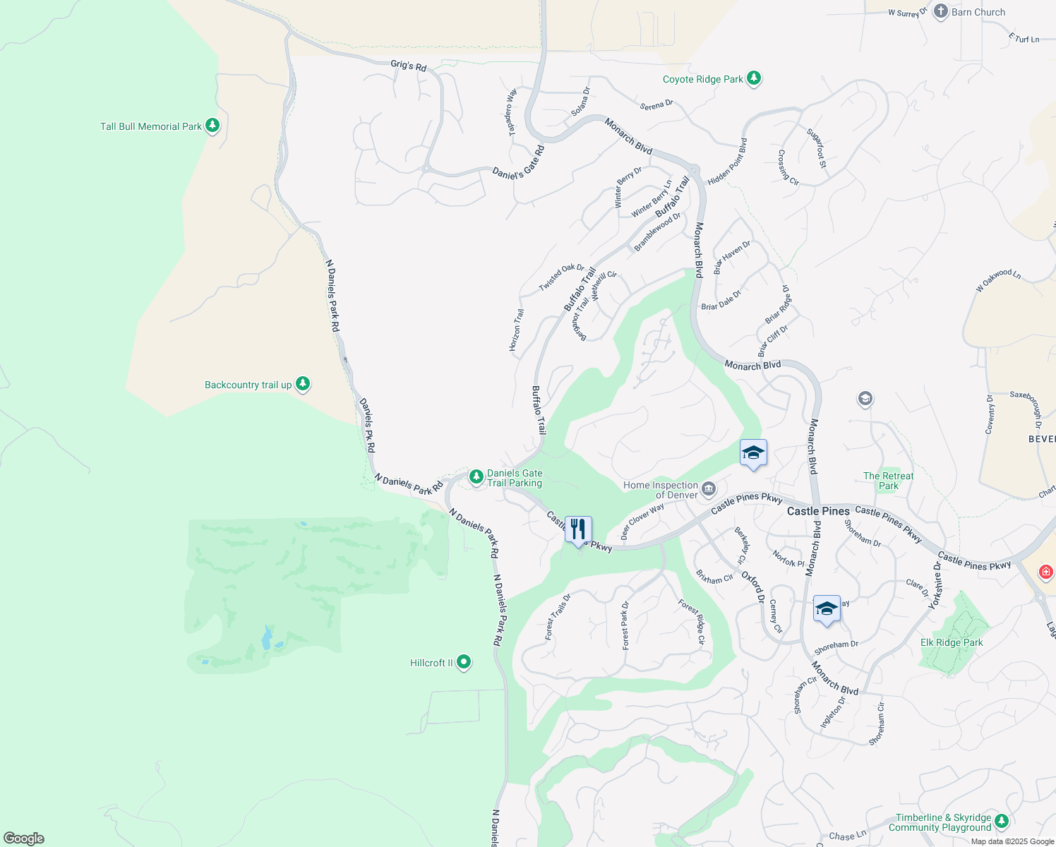 map of restaurants, bars, coffee shops, grocery stores, and more near 7811 Buffalo Trail in Castle Pines