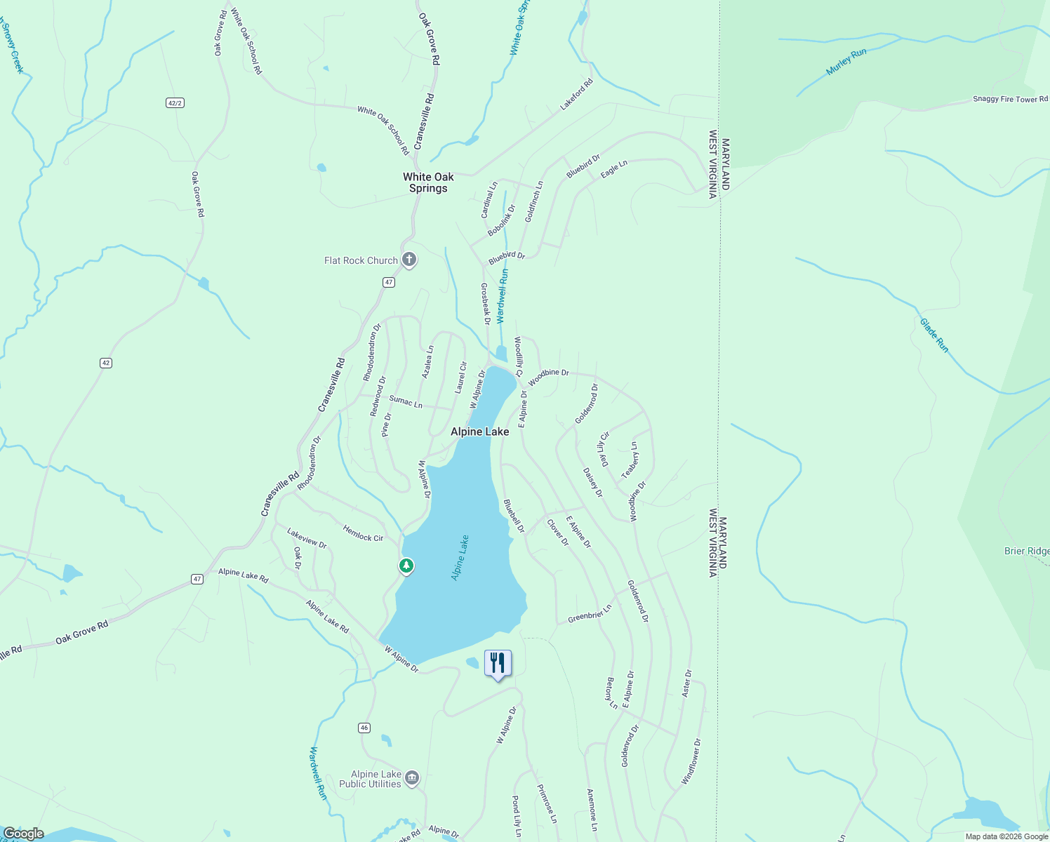 map of restaurants, bars, coffee shops, grocery stores, and more near 2334 East Alpine Drive in Terra Alta