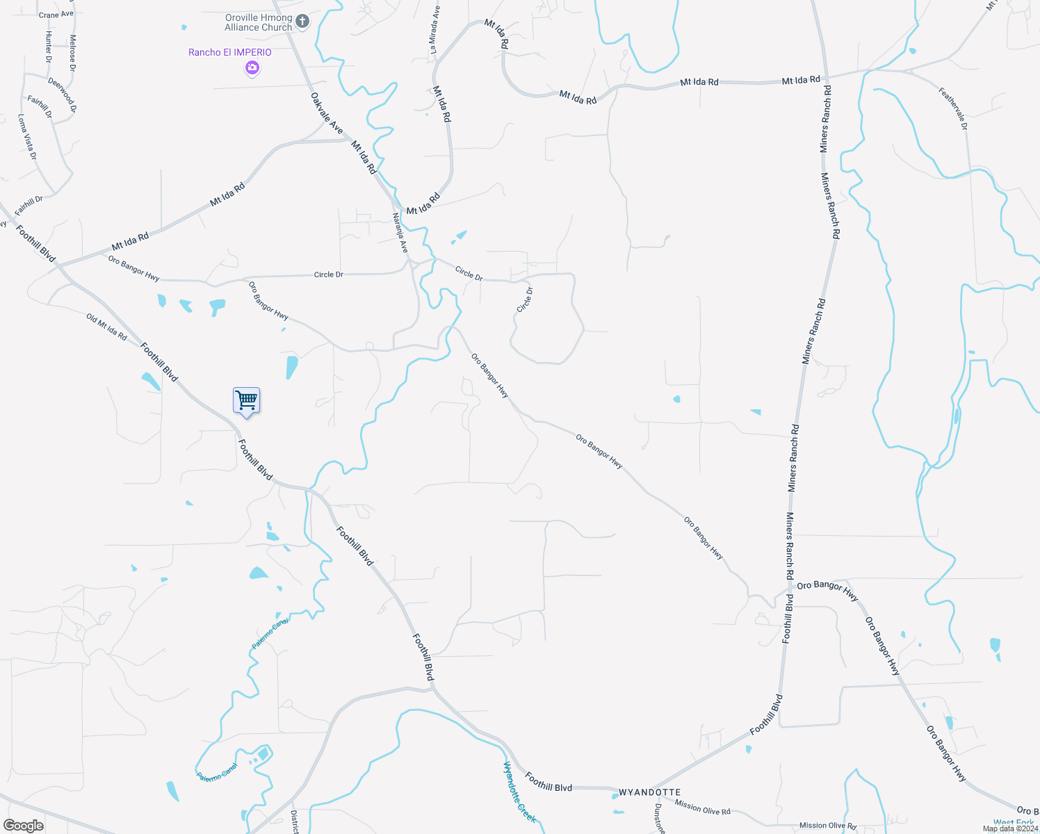 map of restaurants, bars, coffee shops, grocery stores, and more near 0 Grimont Road in Oroville