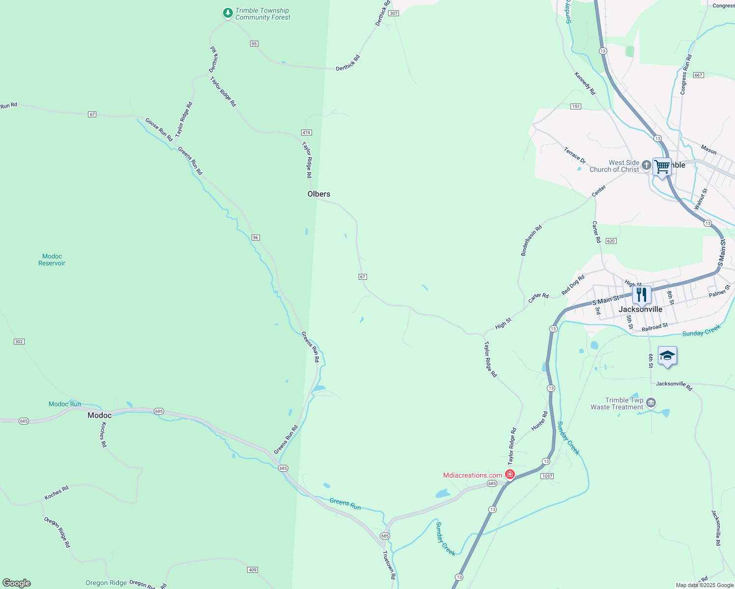 map of restaurants, bars, coffee shops, grocery stores, and more near 18845 Taylor Ridge Road in Glouster