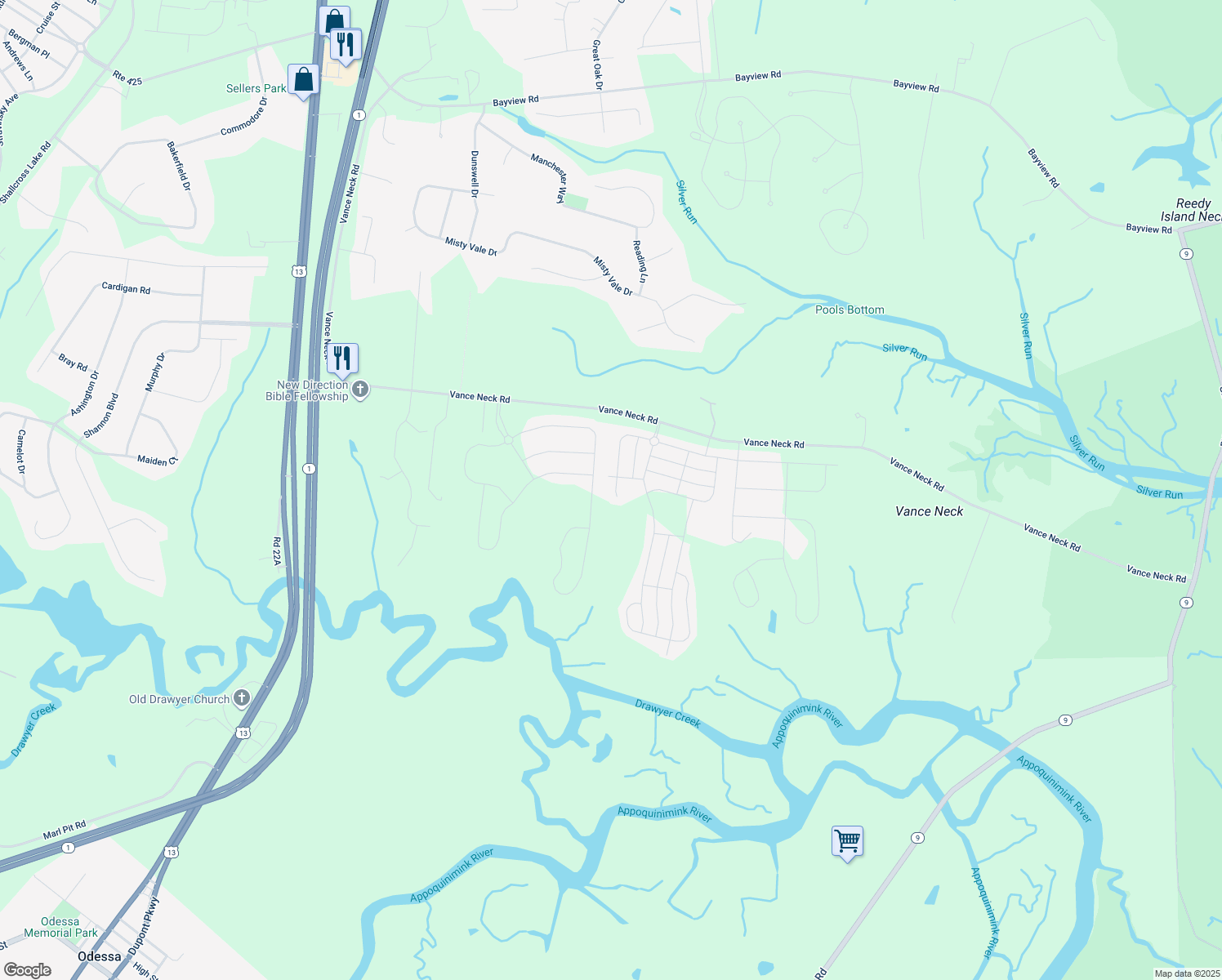 map of restaurants, bars, coffee shops, grocery stores, and more near 834 Whitebird Drive in Middletown