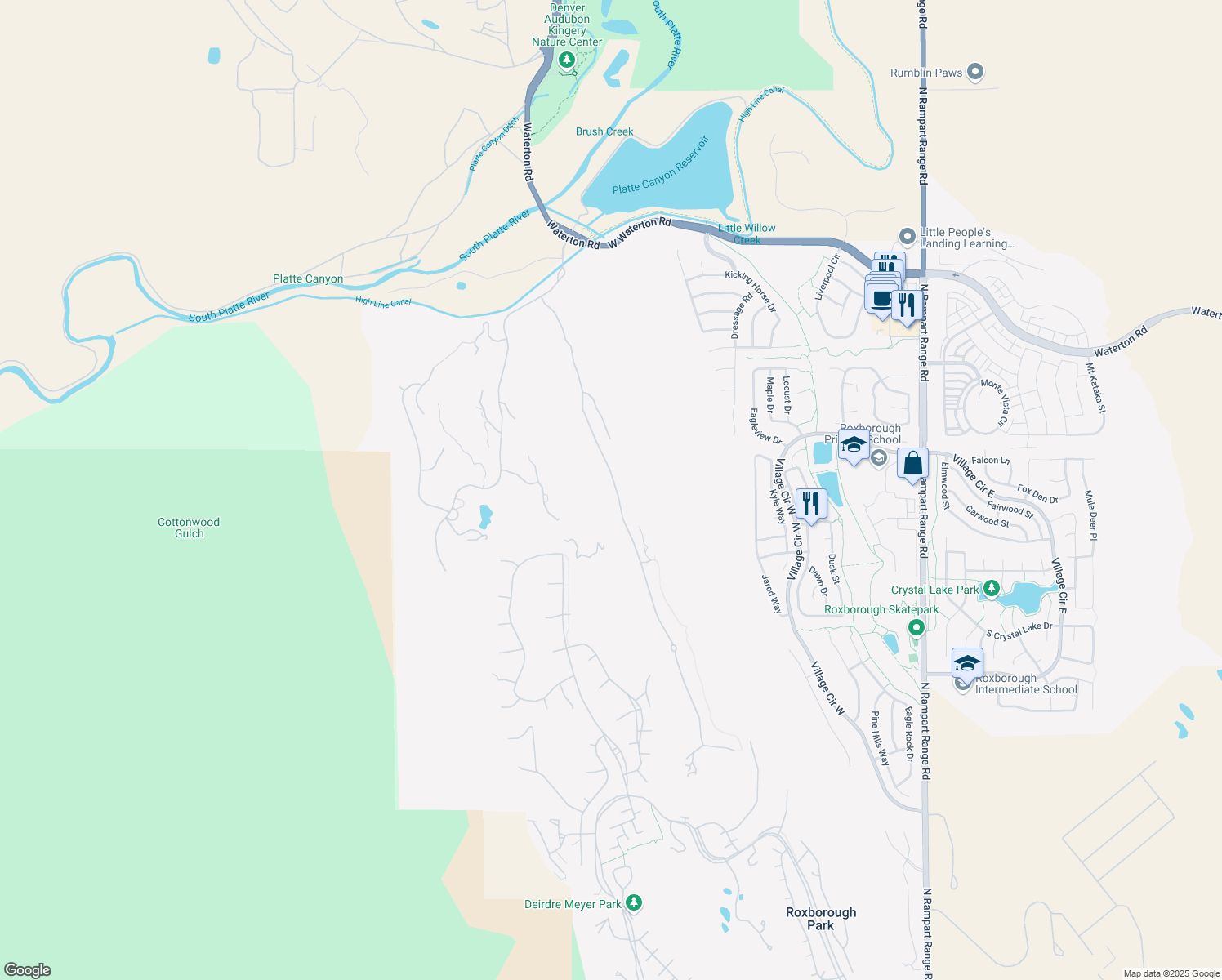 map of restaurants, bars, coffee shops, grocery stores, and more near 7893 Raphael Lane in Littleton