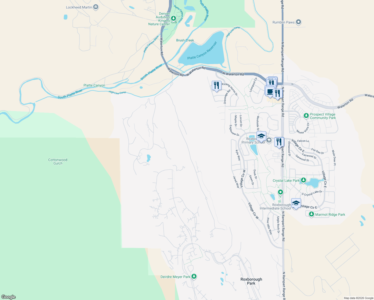 map of restaurants, bars, coffee shops, grocery stores, and more near 7929 Raphael Lane in Littleton