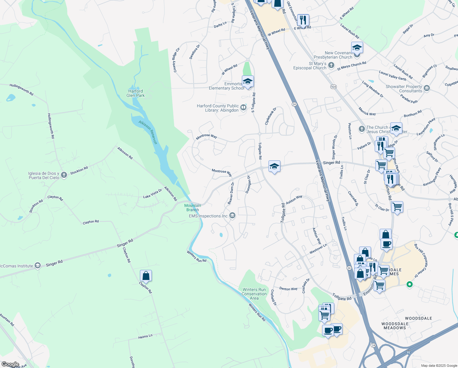 map of restaurants, bars, coffee shops, grocery stores, and more near 703 Singer Road in Abingdon