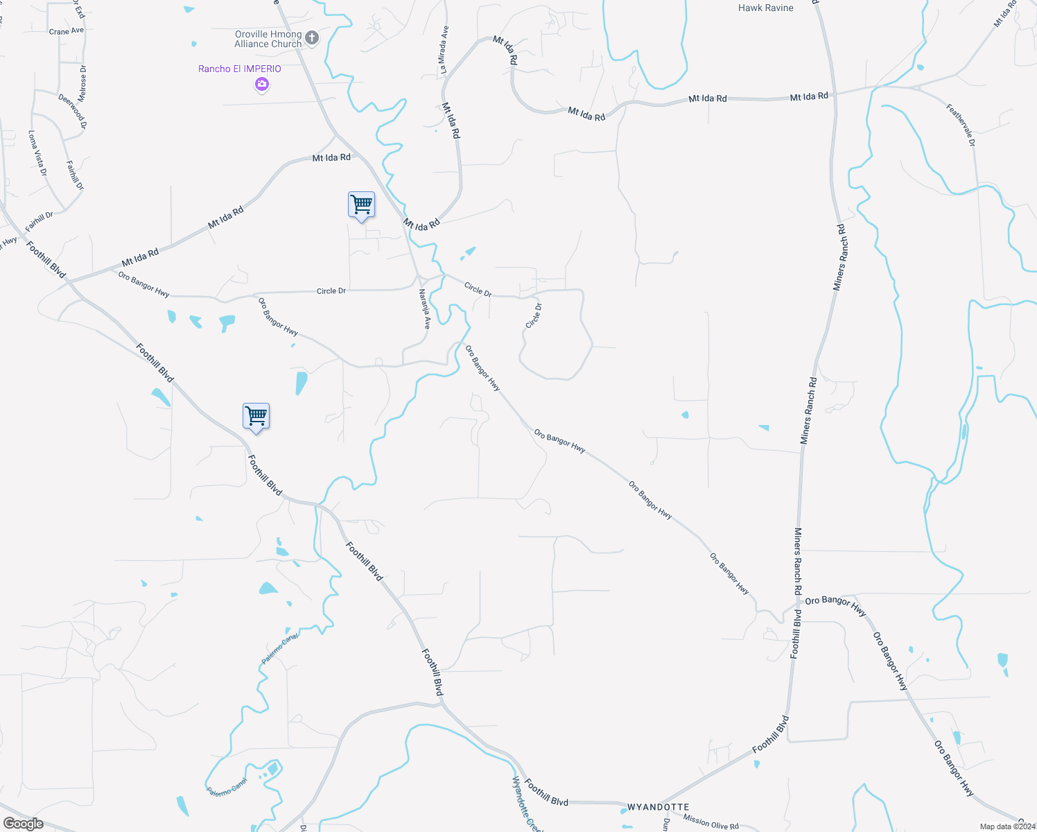 map of restaurants, bars, coffee shops, grocery stores, and more near 0 Grimont Road in Oroville
