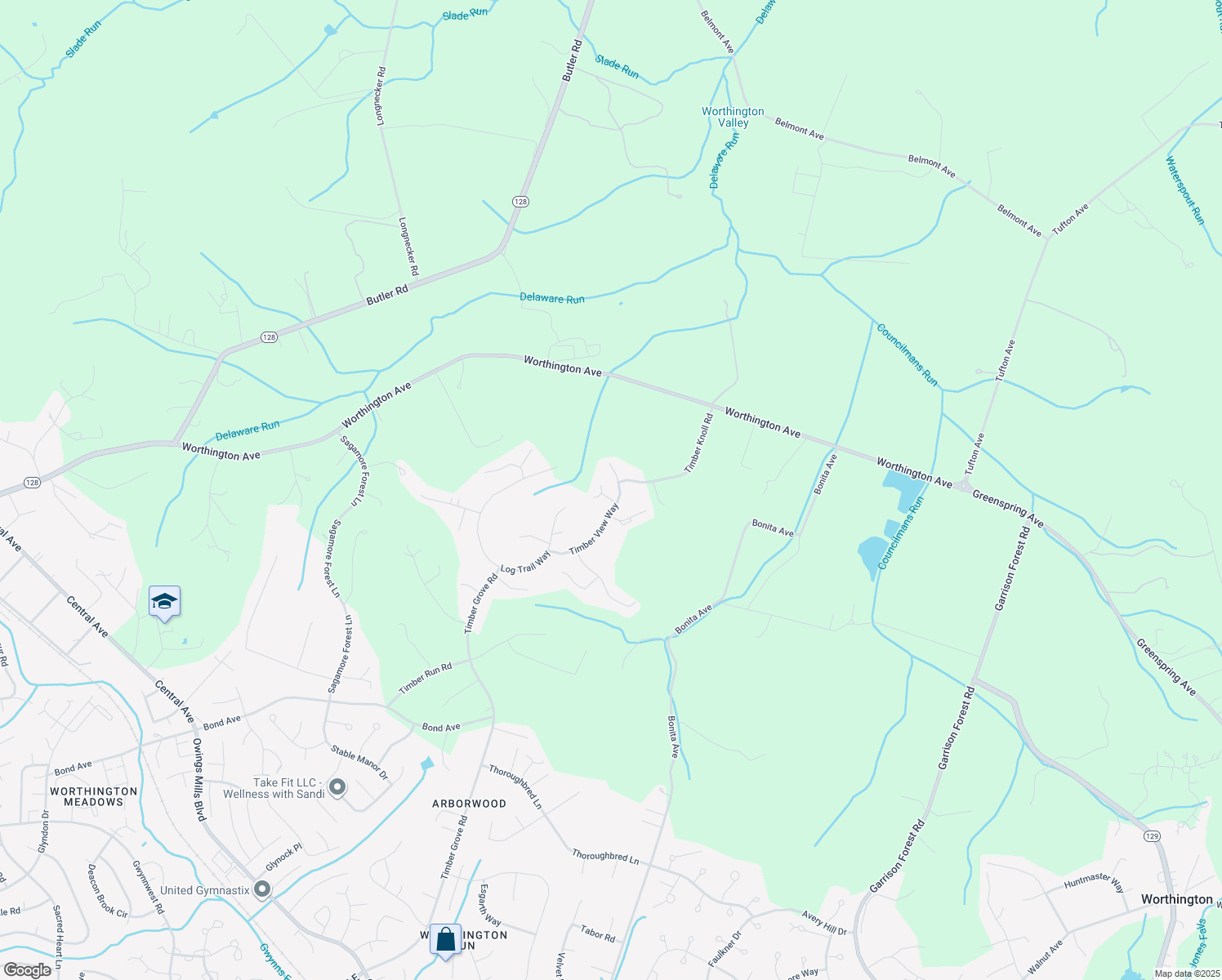 map of restaurants, bars, coffee shops, grocery stores, and more near 3800 Timber View Way in Reisterstown