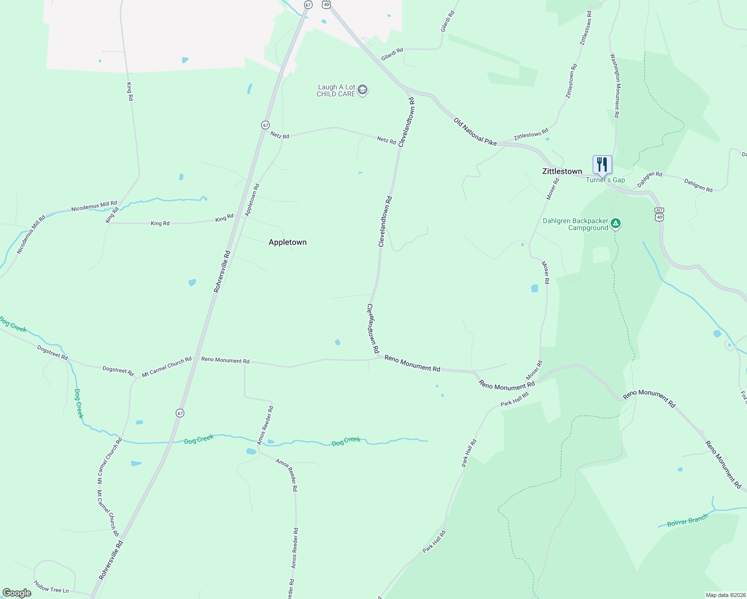 map of restaurants, bars, coffee shops, grocery stores, and more near 5905 Clevelandtown Road in Boonsboro