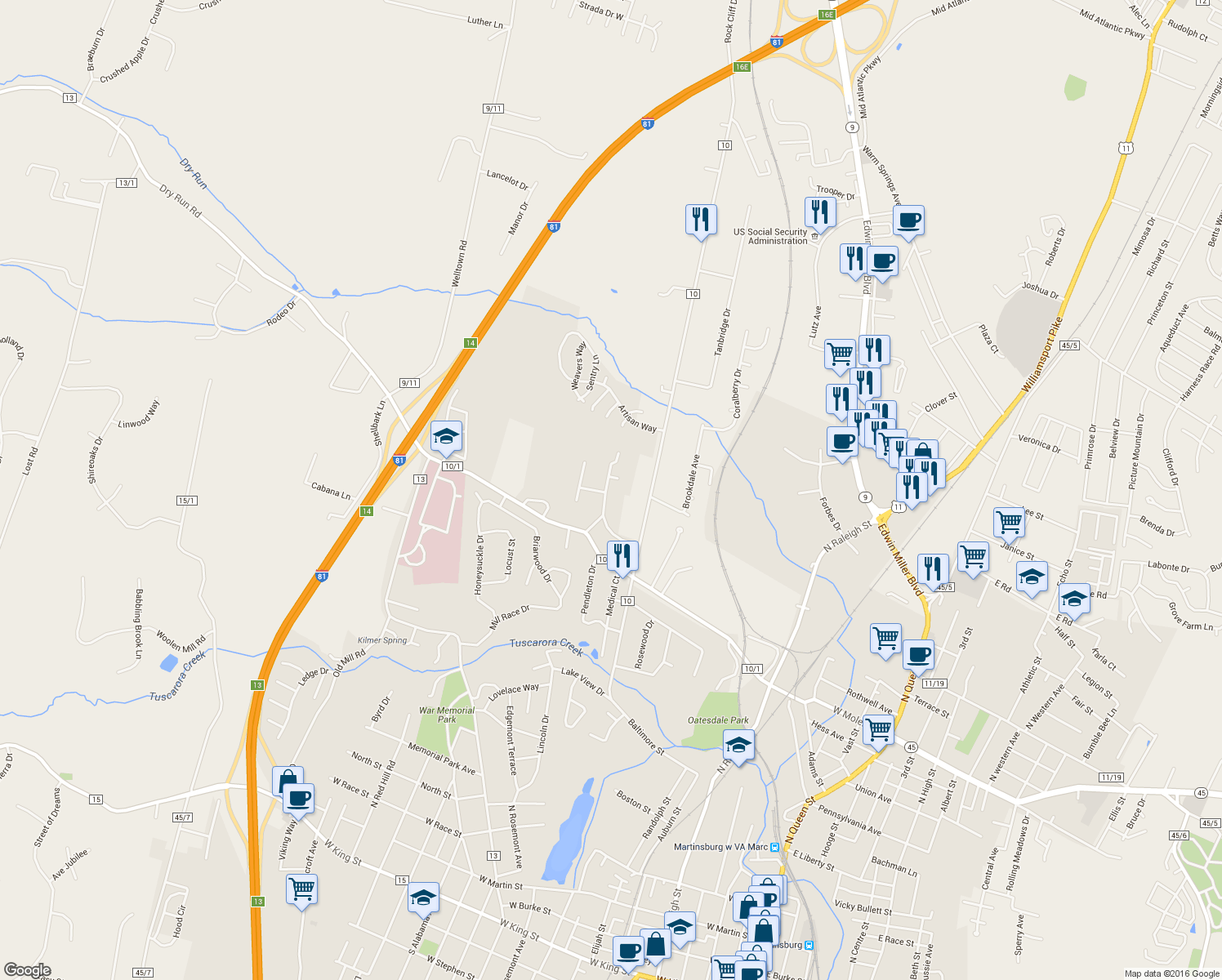 map of restaurants, bars, coffee shops, grocery stores, and more near 116 Gloucester Drive in Martinsburg