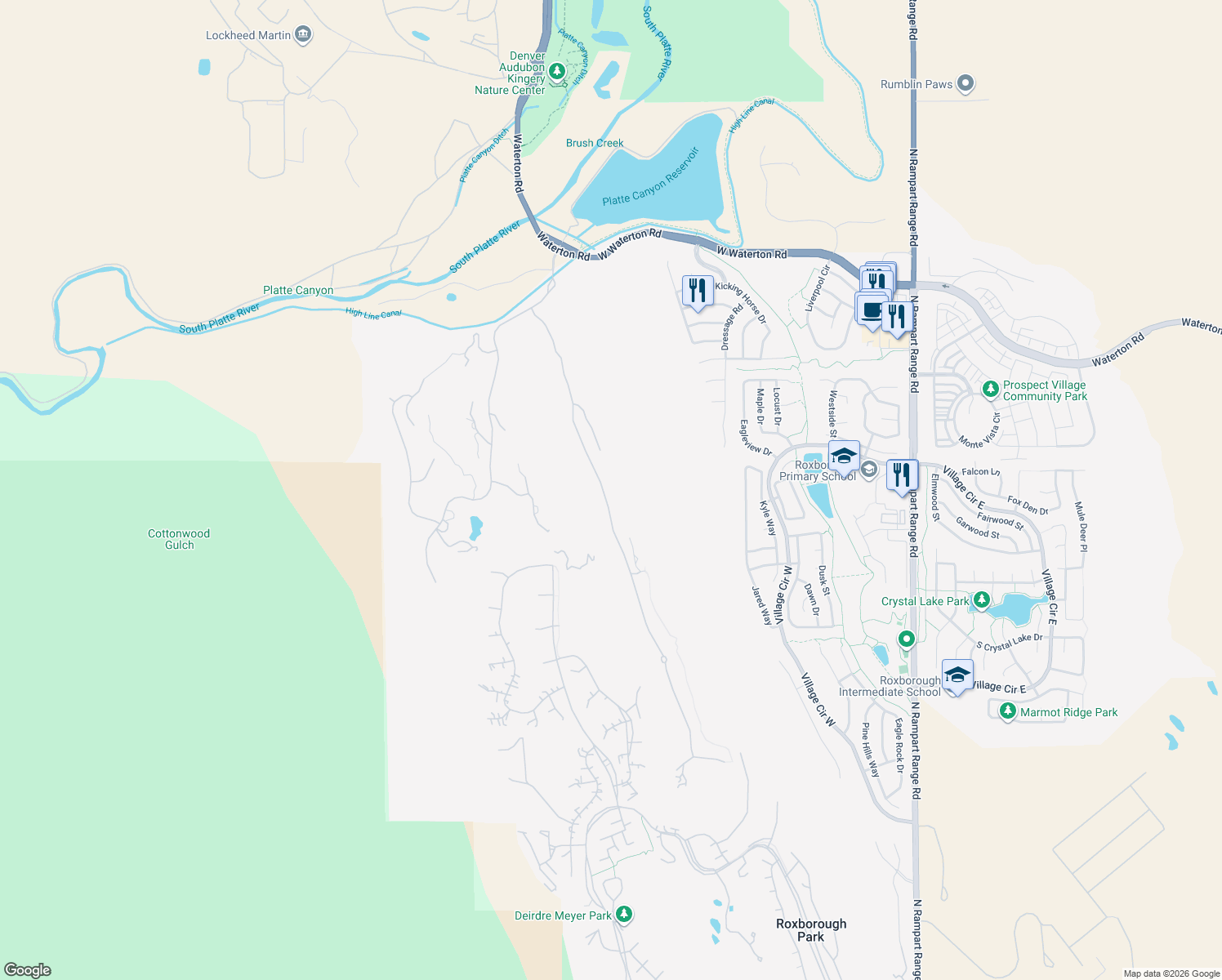 map of restaurants, bars, coffee shops, grocery stores, and more near 7912 Raphael Lane in Littleton