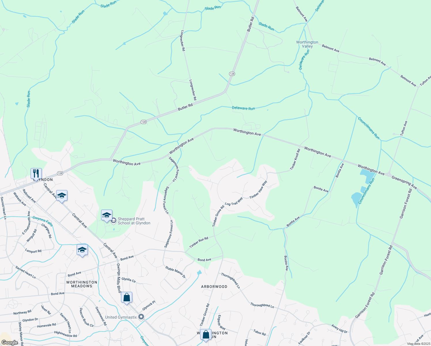 map of restaurants, bars, coffee shops, grocery stores, and more near 4 Worthington Ridge Court in Reisterstown