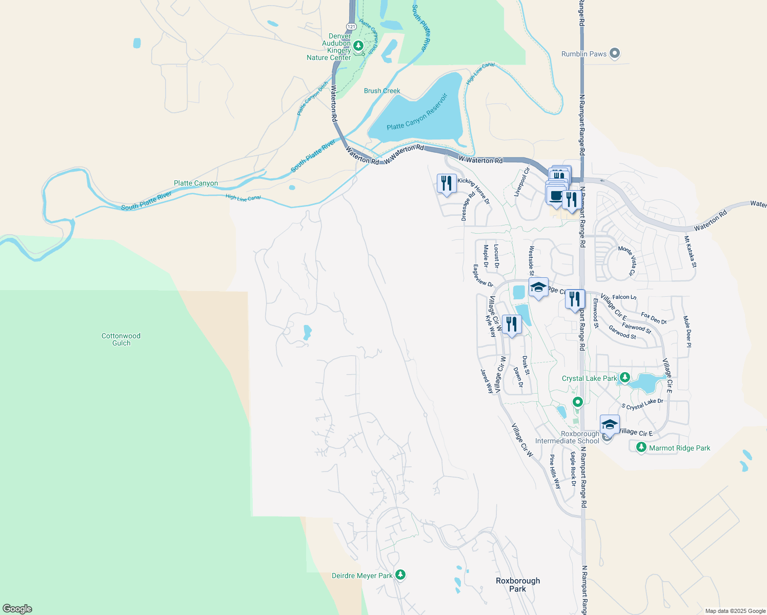 map of restaurants, bars, coffee shops, grocery stores, and more near 7929 Raphael Lane in Littleton