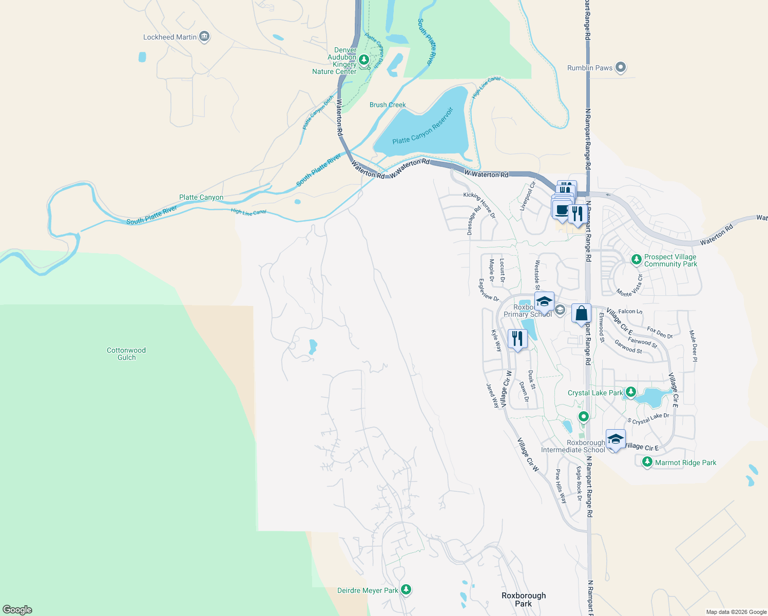 map of restaurants, bars, coffee shops, grocery stores, and more near 8018 Raphael Lane in Littleton