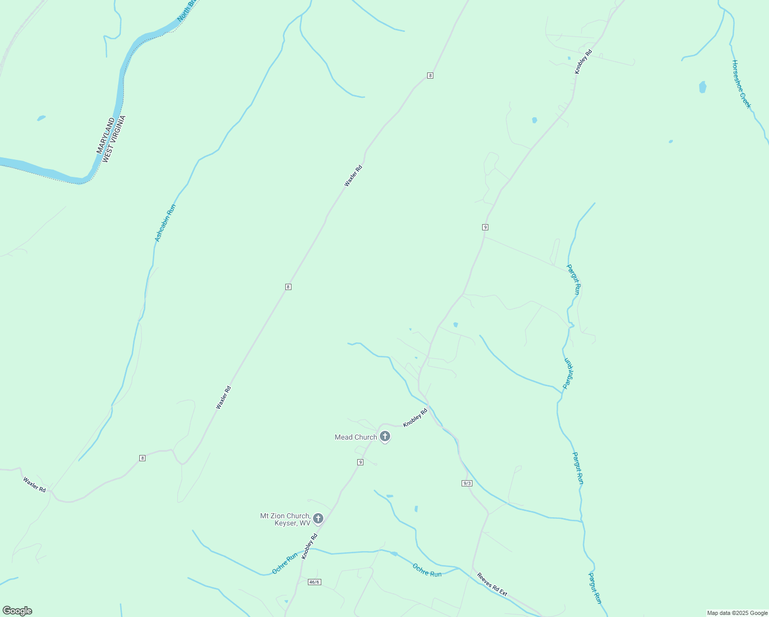 map of restaurants, bars, coffee shops, grocery stores, and more near 6602 Knobley Road in Keyser