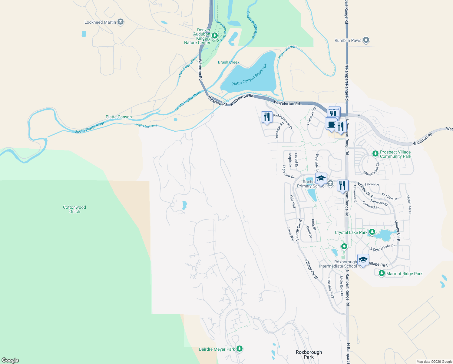 map of restaurants, bars, coffee shops, grocery stores, and more near 8018 Raphael Lane in Littleton