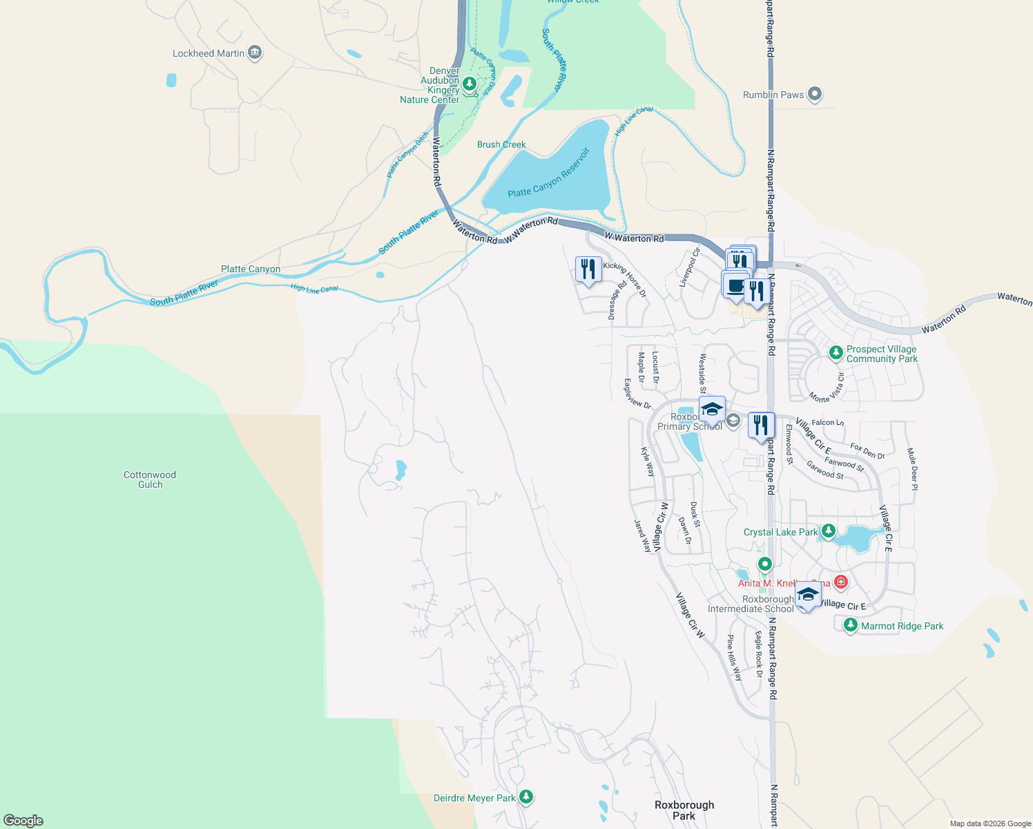 map of restaurants, bars, coffee shops, grocery stores, and more near 8014 Donatello Court in Littleton