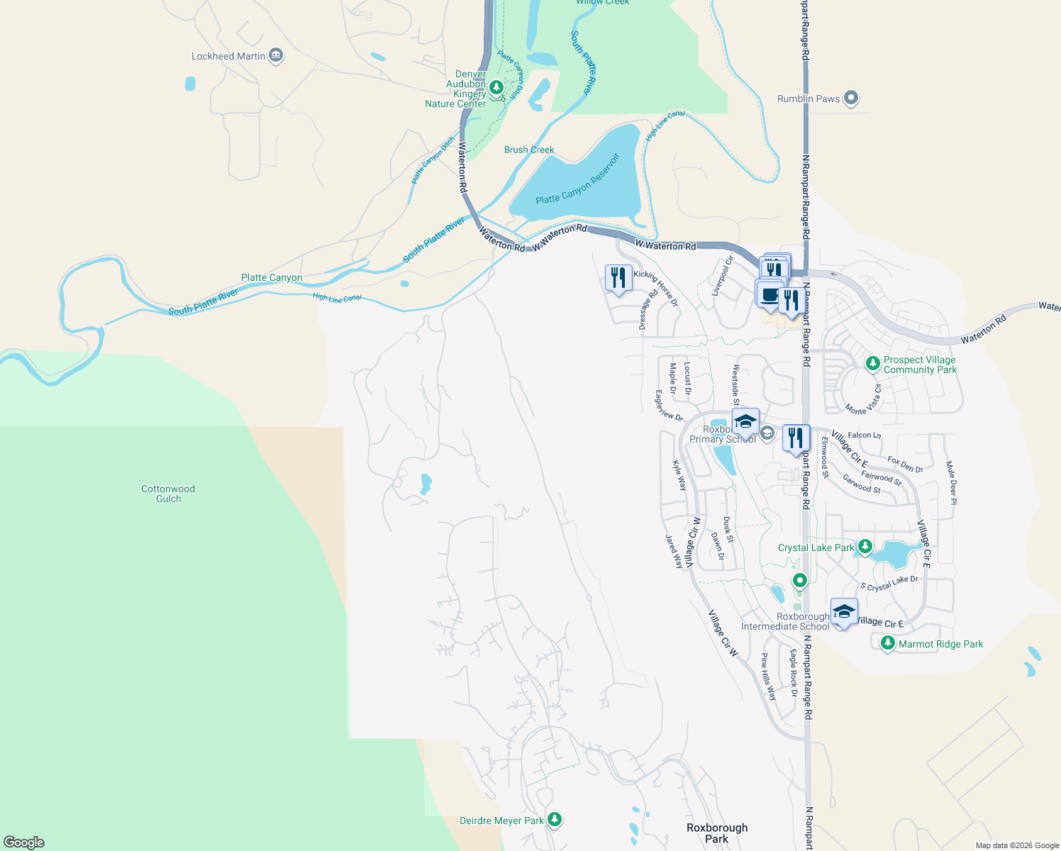 map of restaurants, bars, coffee shops, grocery stores, and more near 8018 Raphael Lane in Littleton
