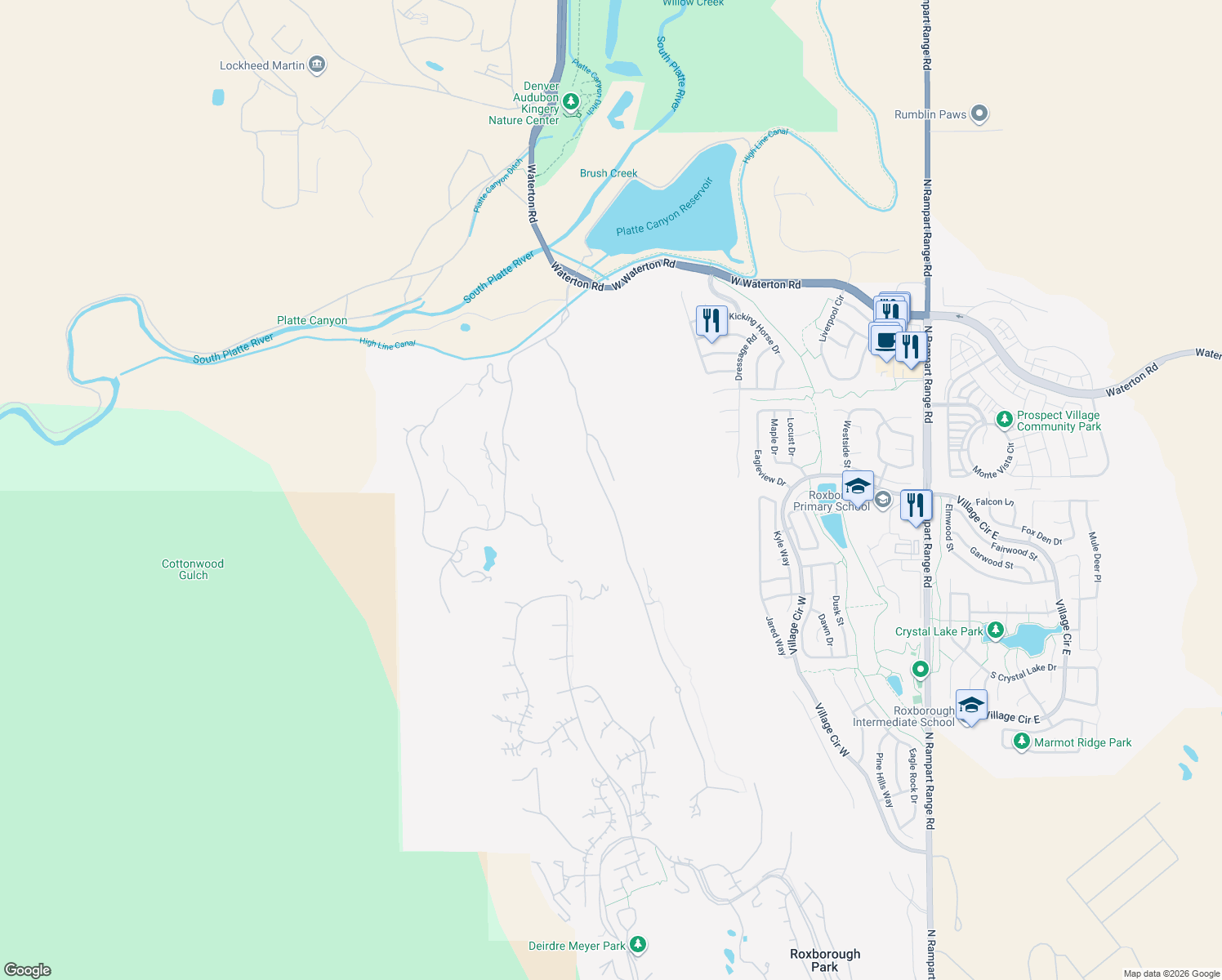 map of restaurants, bars, coffee shops, grocery stores, and more near 8018 Raphael Lane in Littleton