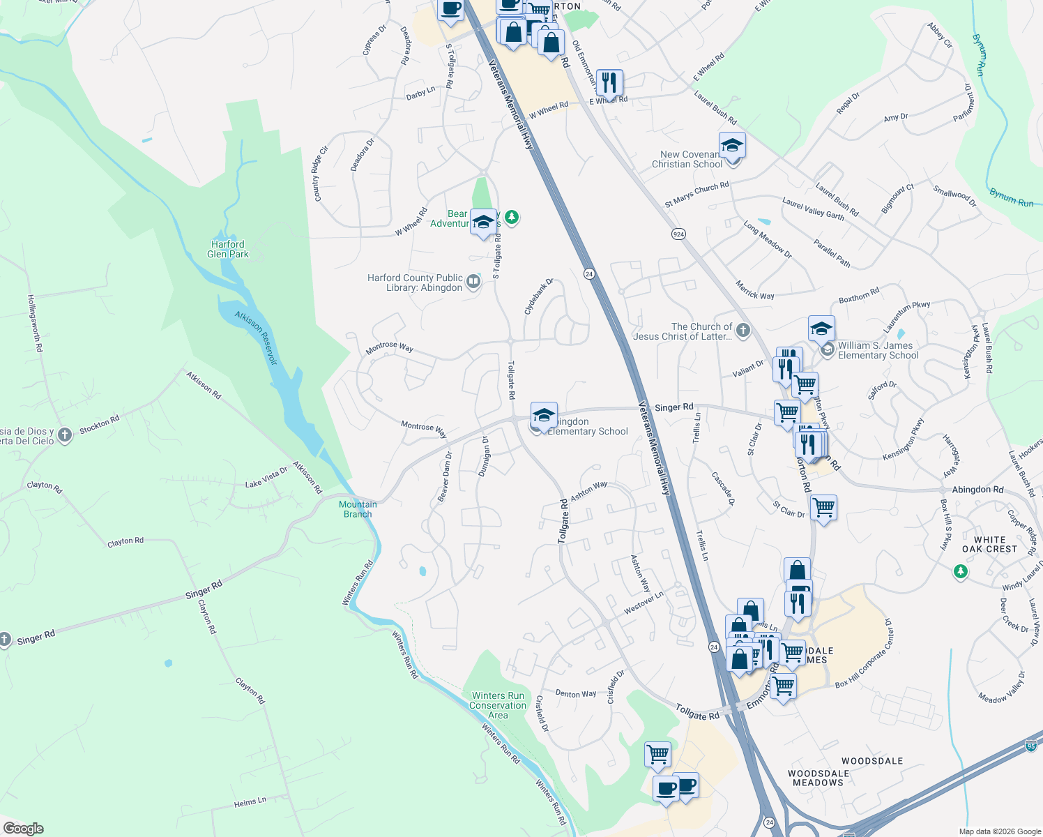 map of restaurants, bars, coffee shops, grocery stores, and more near 387 Singer Road in Abingdon