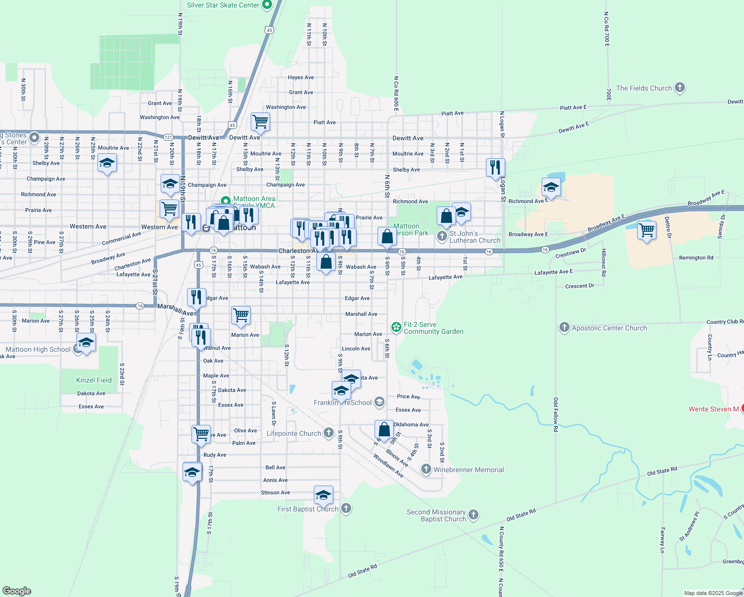 map of restaurants, bars, coffee shops, grocery stores, and more near S 7th St in Mattoon
