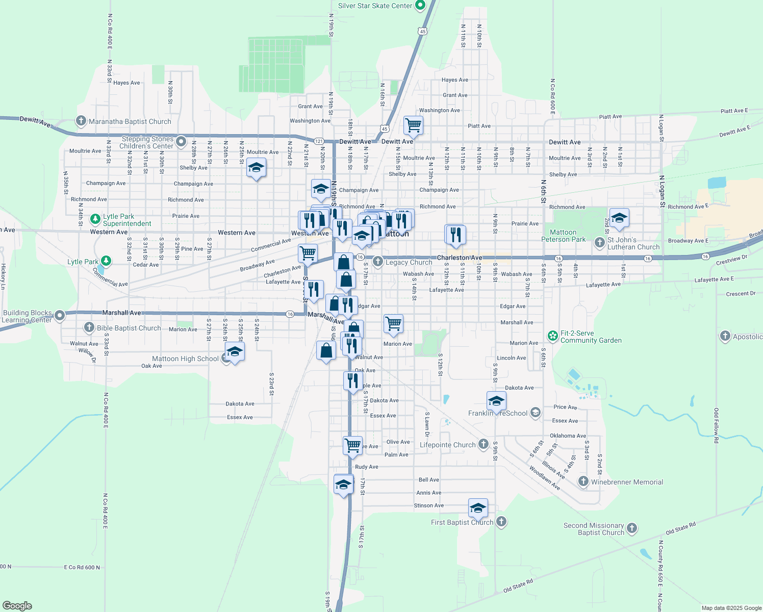 map of restaurants, bars, coffee shops, grocery stores, and more near 499 S 16th St in Mattoon