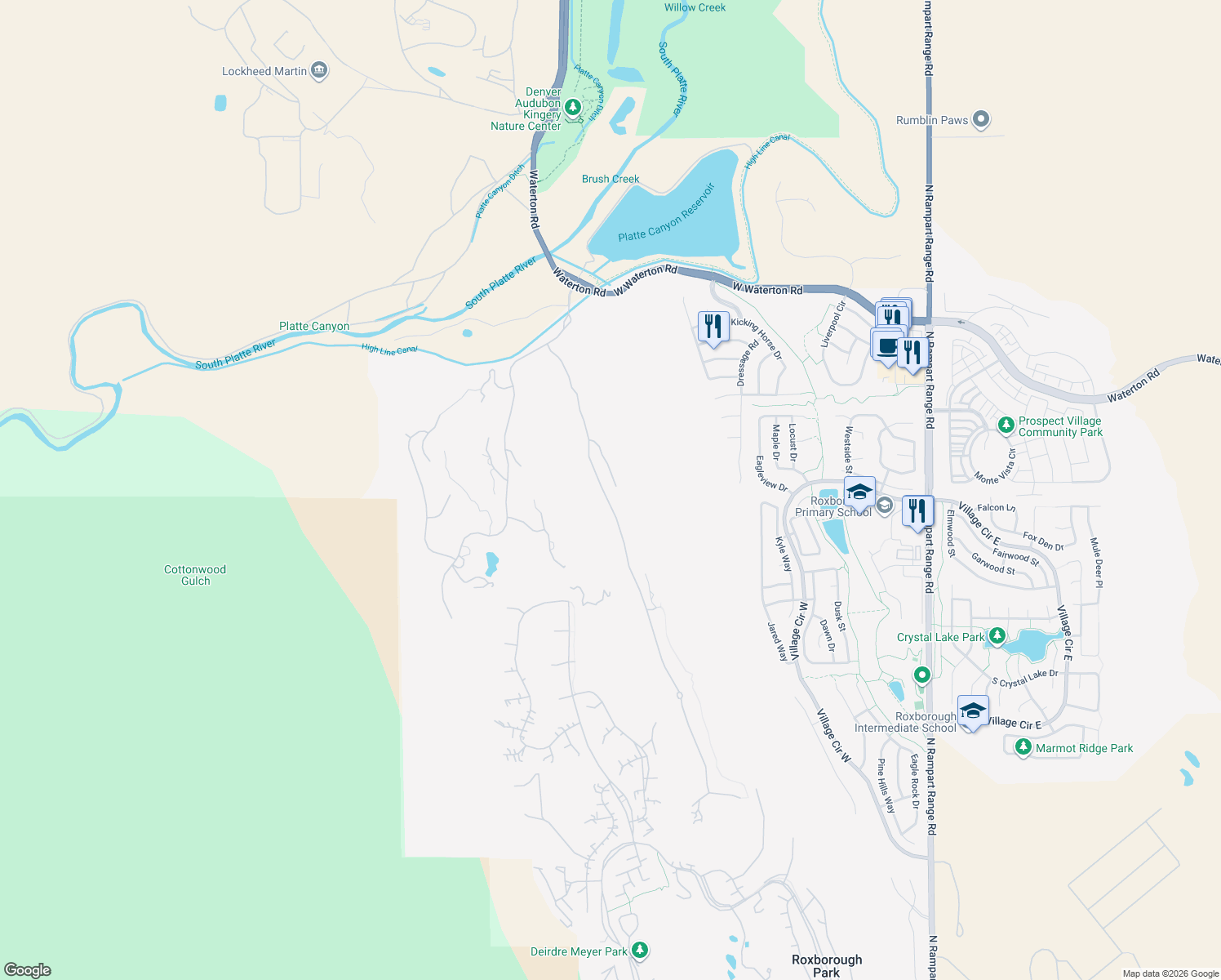 map of restaurants, bars, coffee shops, grocery stores, and more near 8018 Raphael Lane in Littleton