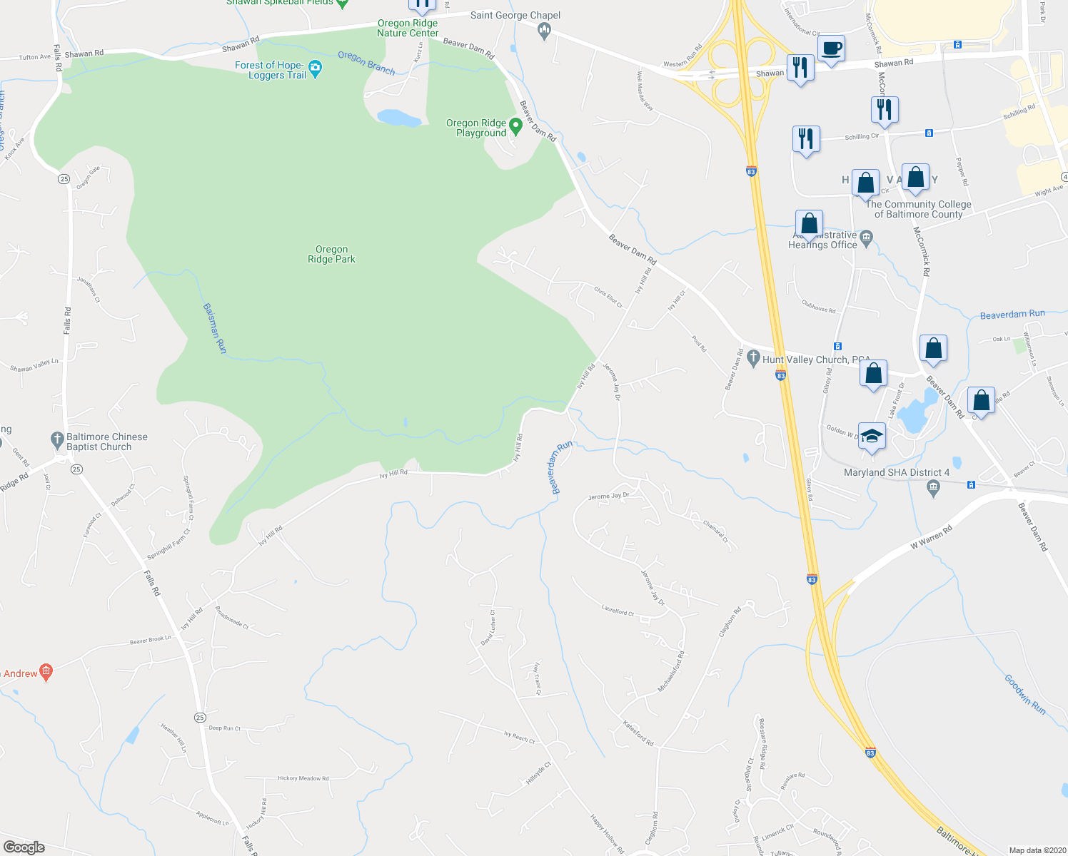 map of restaurants, bars, coffee shops, grocery stores, and more near 905 Ivy Hill Road in Cockeysville