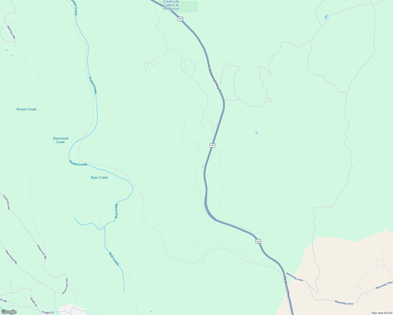 map of restaurants, bars, coffee shops, grocery stores, and more near 28440 Ryan Creek Rd in Willits