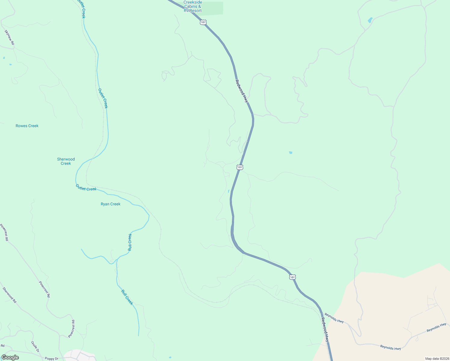 map of restaurants, bars, coffee shops, grocery stores, and more near 28440 Ryan Creek Rd in Willits