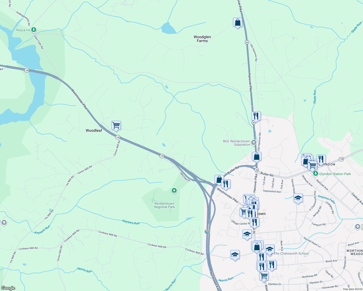 map of restaurants, bars, coffee shops, grocery stores, and more near 19 Amy Brent Way in Reisterstown