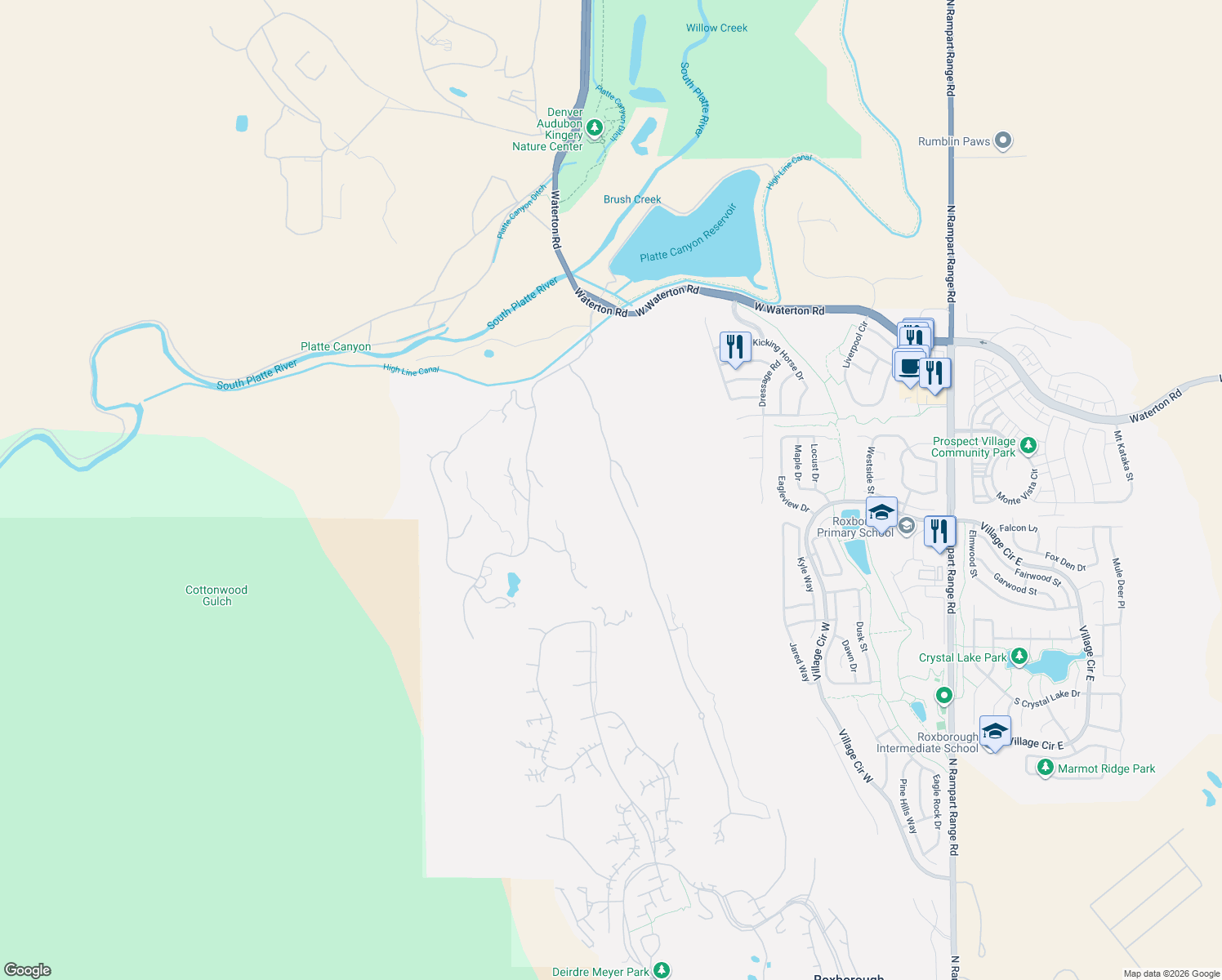 map of restaurants, bars, coffee shops, grocery stores, and more near 8145 Raphael Lane in Littleton
