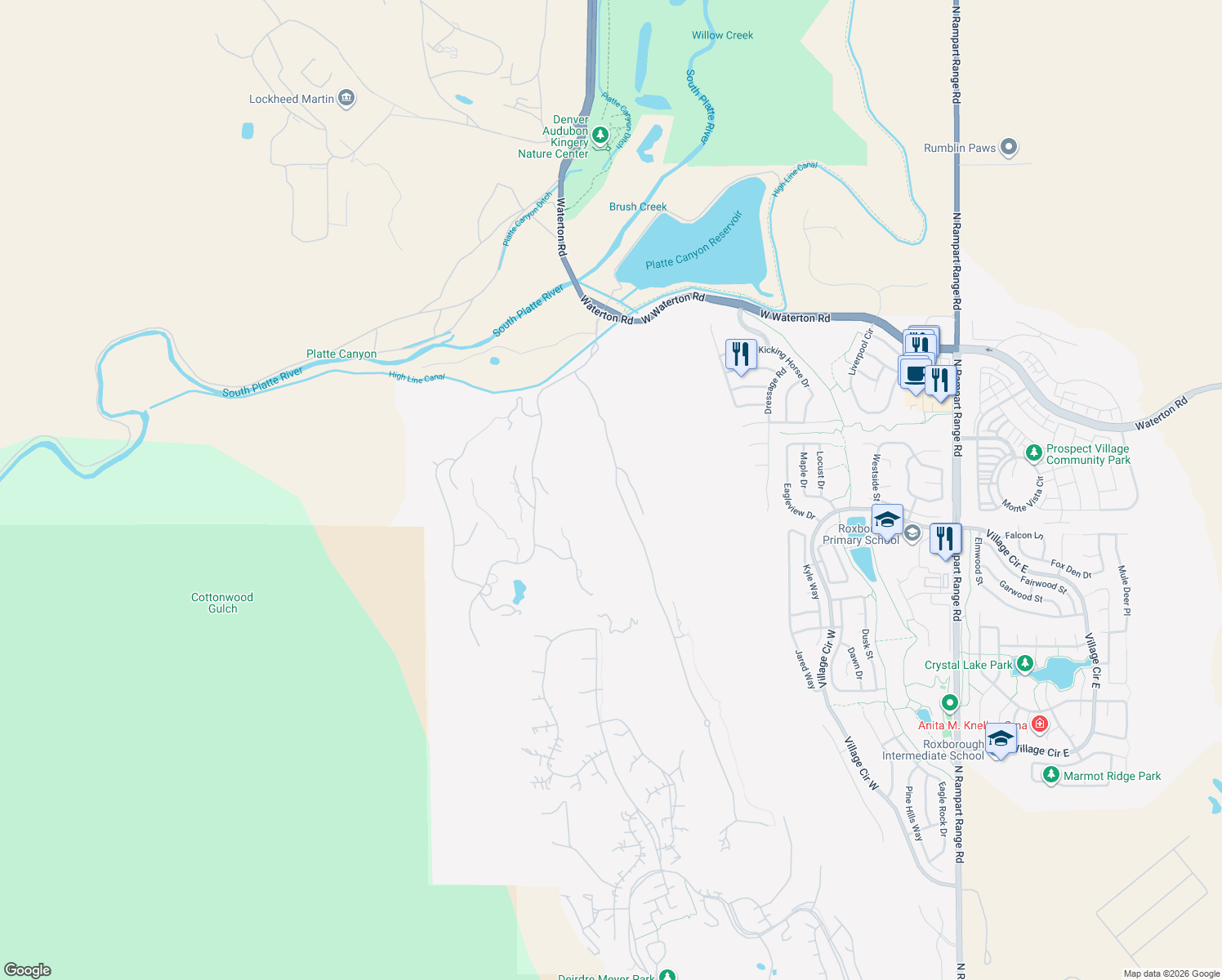 map of restaurants, bars, coffee shops, grocery stores, and more near 8145 Raphael Lane in Littleton