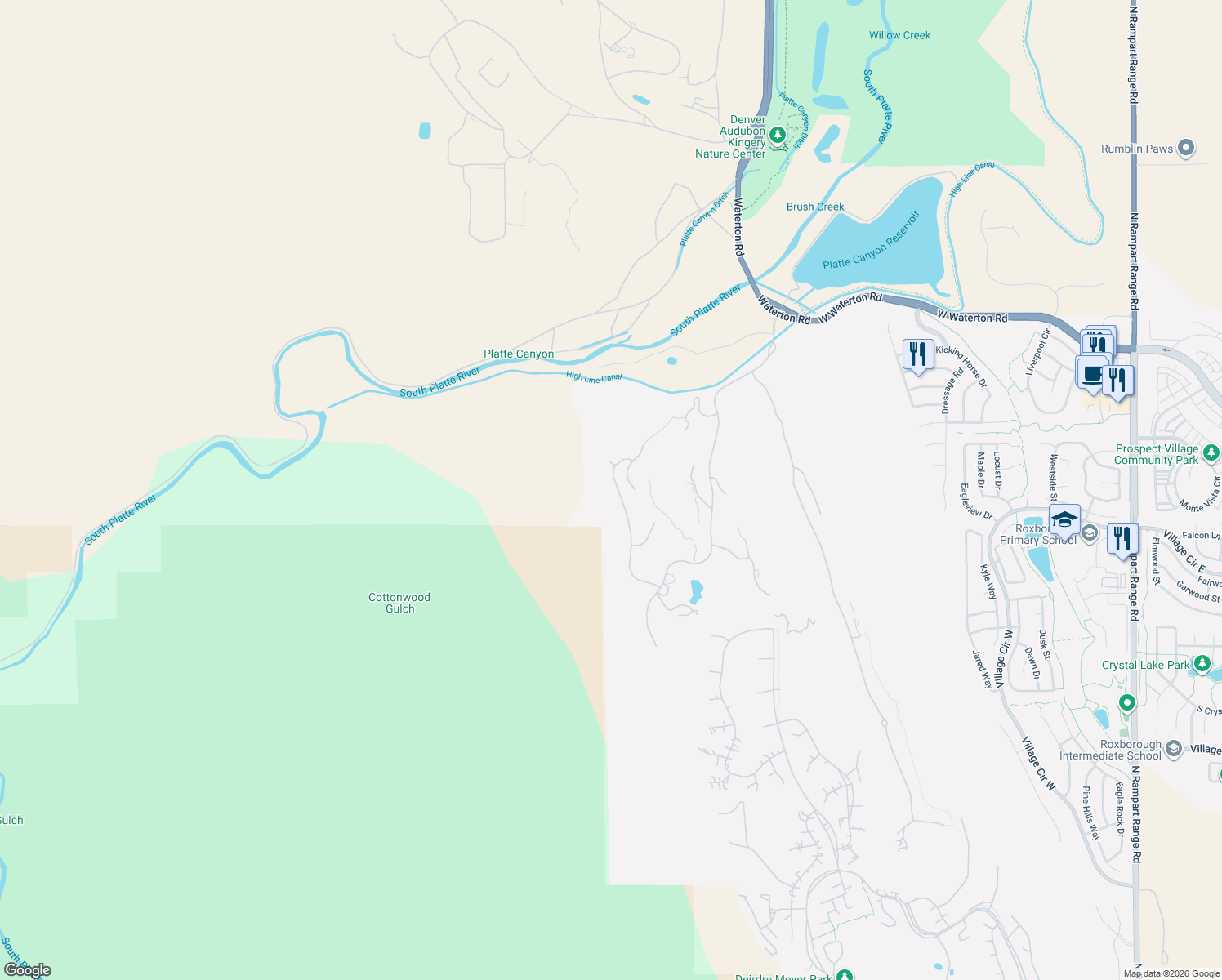 map of restaurants, bars, coffee shops, grocery stores, and more near 8111 Galileo Way in Littleton