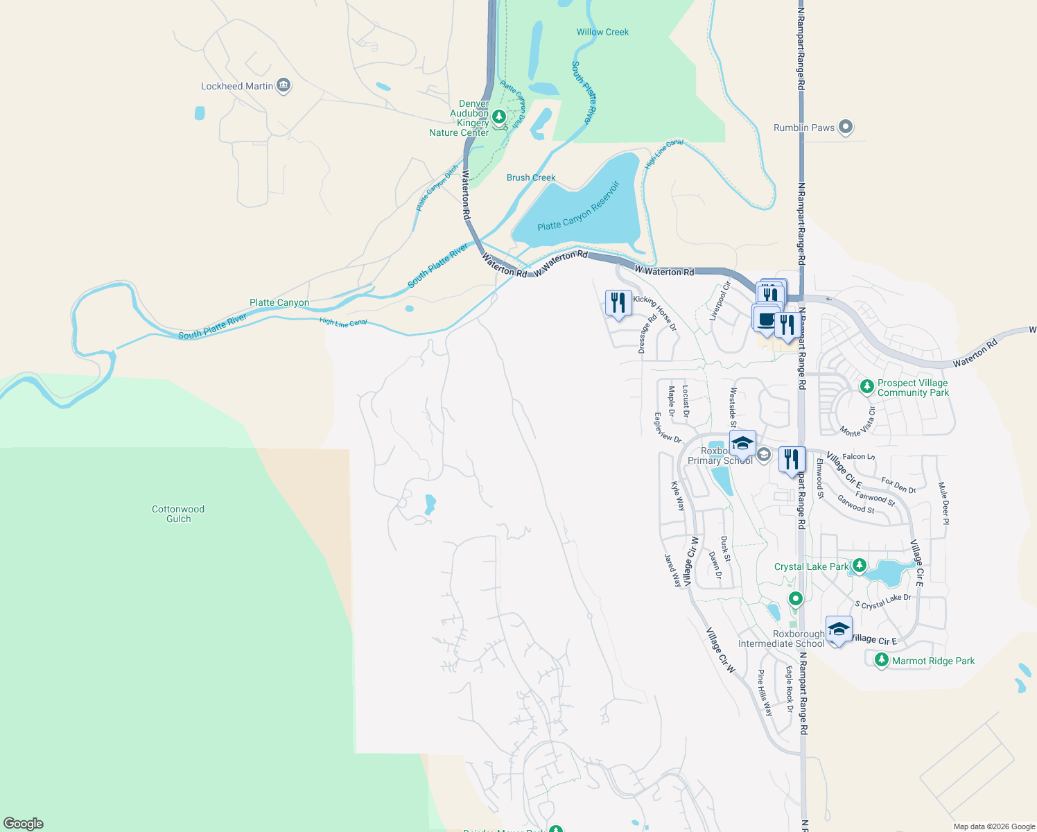 map of restaurants, bars, coffee shops, grocery stores, and more near 8145 Raphael Lane in Littleton