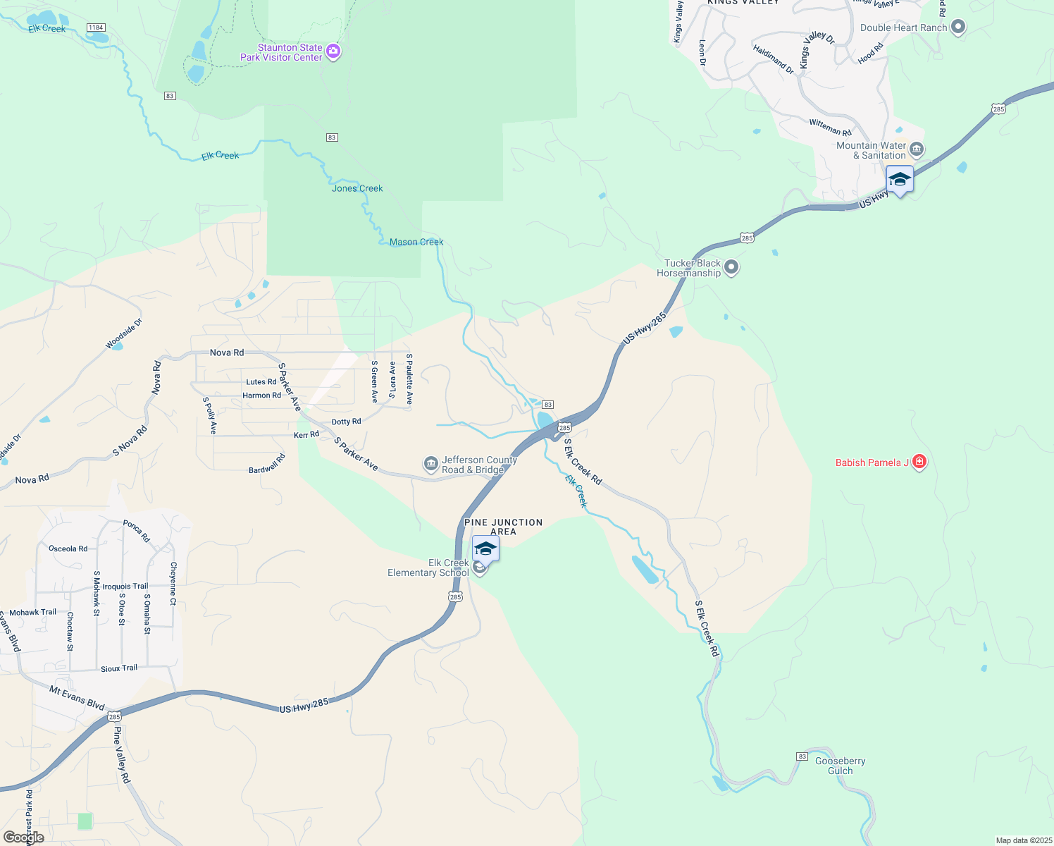 map of restaurants, bars, coffee shops, grocery stores, and more near 12833 South Elk Creek Road in Pine