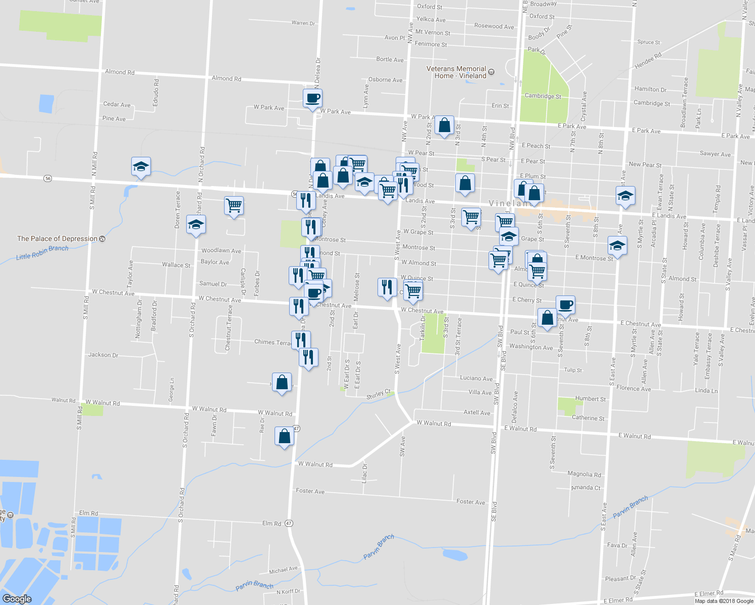 map of restaurants, bars, coffee shops, grocery stores, and more near 68 West Chestnut Avenue in Vineland