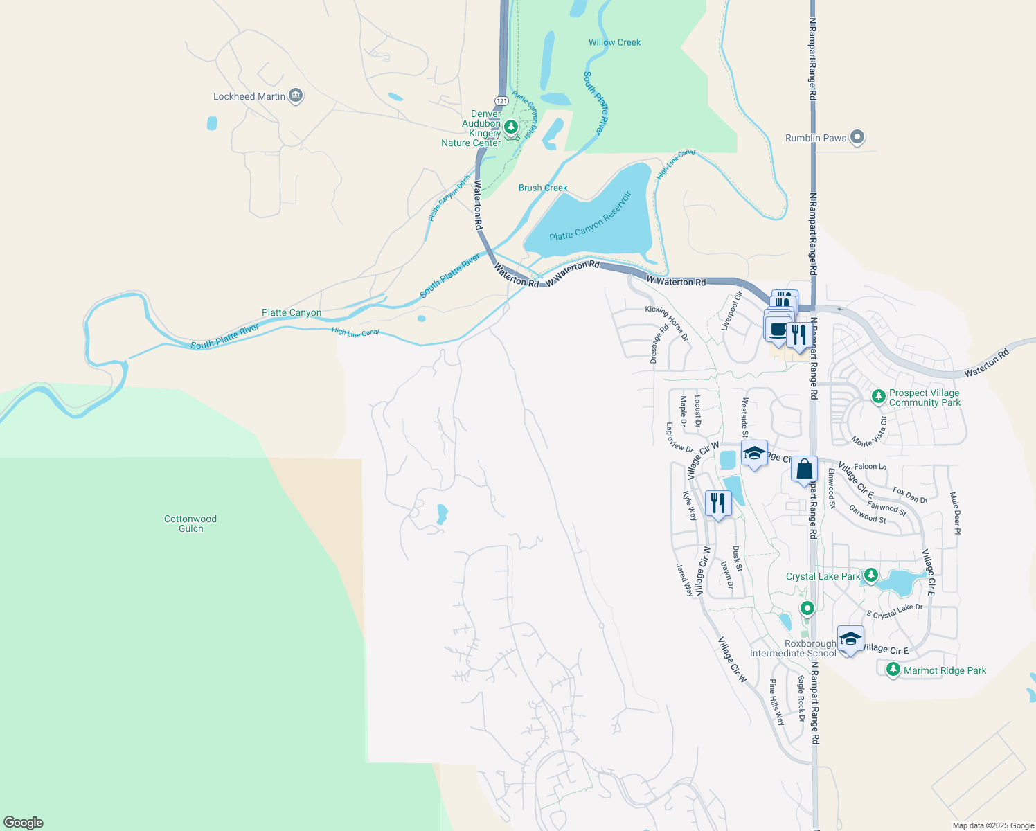 map of restaurants, bars, coffee shops, grocery stores, and more near 8145 Raphael Lane in Littleton