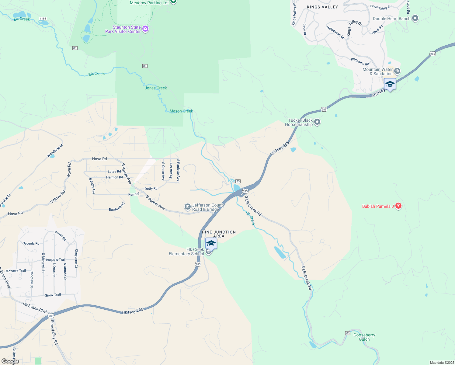 map of restaurants, bars, coffee shops, grocery stores, and more near 12833 South Elk Creek Road in Pine