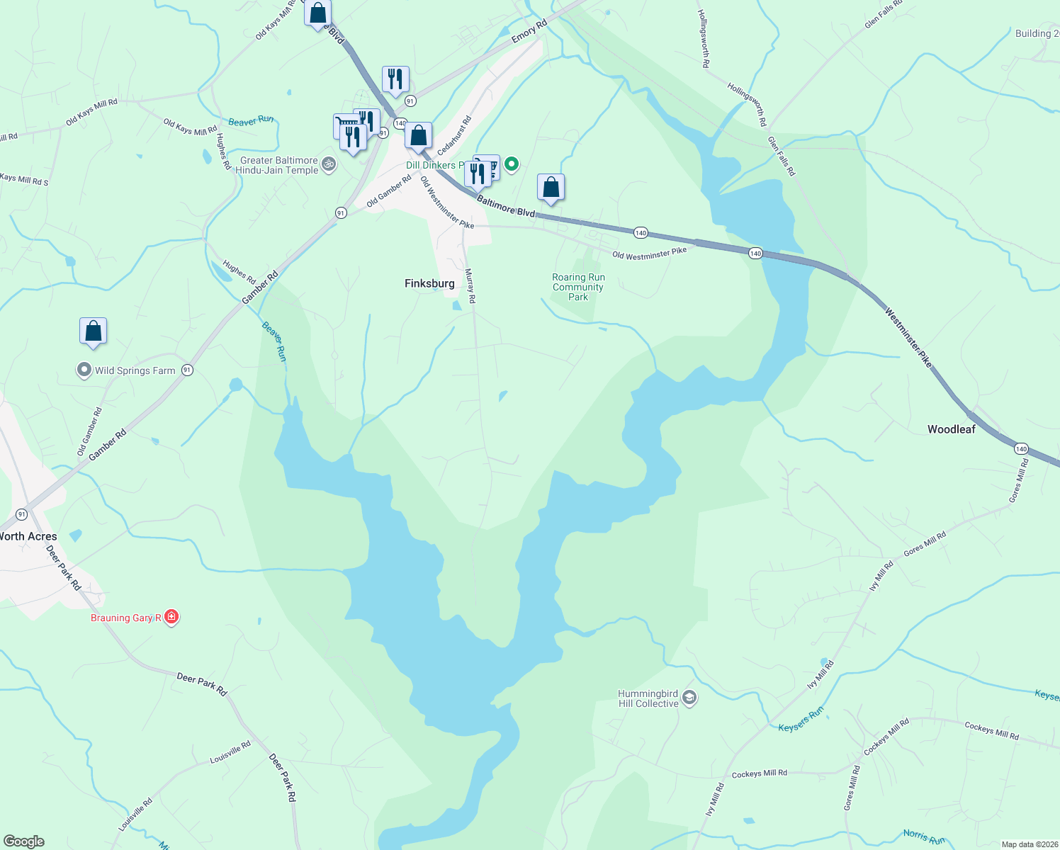 map of restaurants, bars, coffee shops, grocery stores, and more near 3233 Murray Road in Finksburg