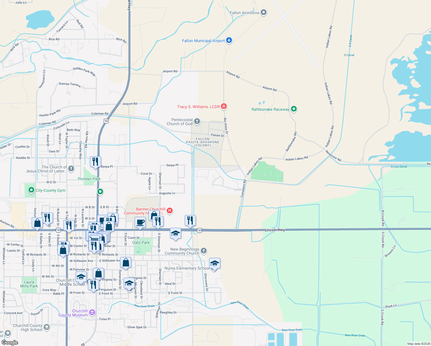 map of restaurants, bars, coffee shops, grocery stores, and more near 1232 Green Valley Drive in Fallon