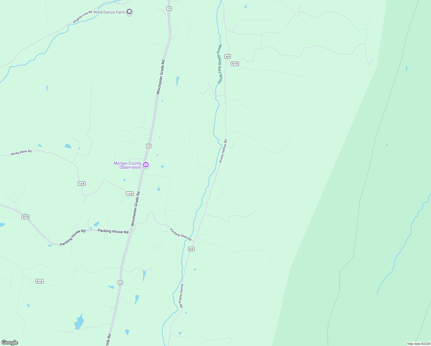 map of restaurants, bars, coffee shops, grocery stores, and more near Posey Hollow Rd in Berkeley Springs