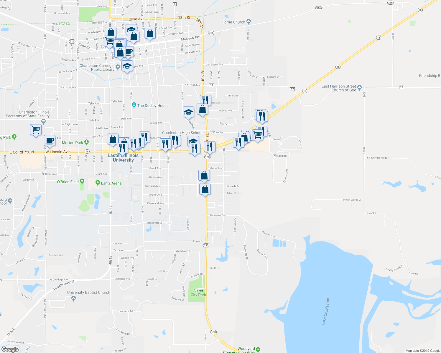 map of restaurants, bars, coffee shops, grocery stores, and more near 1806 Baker Drive in Charleston